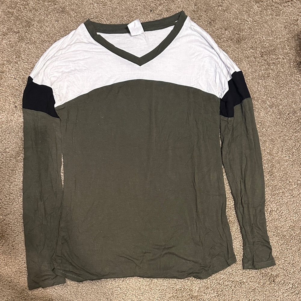 No Boundaries Olive and White V-Neck Tee